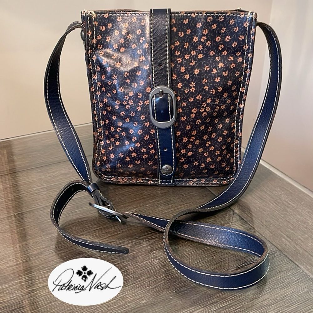 Patrica Nash Venezia Pouch Denim Daises Print, Navy Blue Leather Crossbody